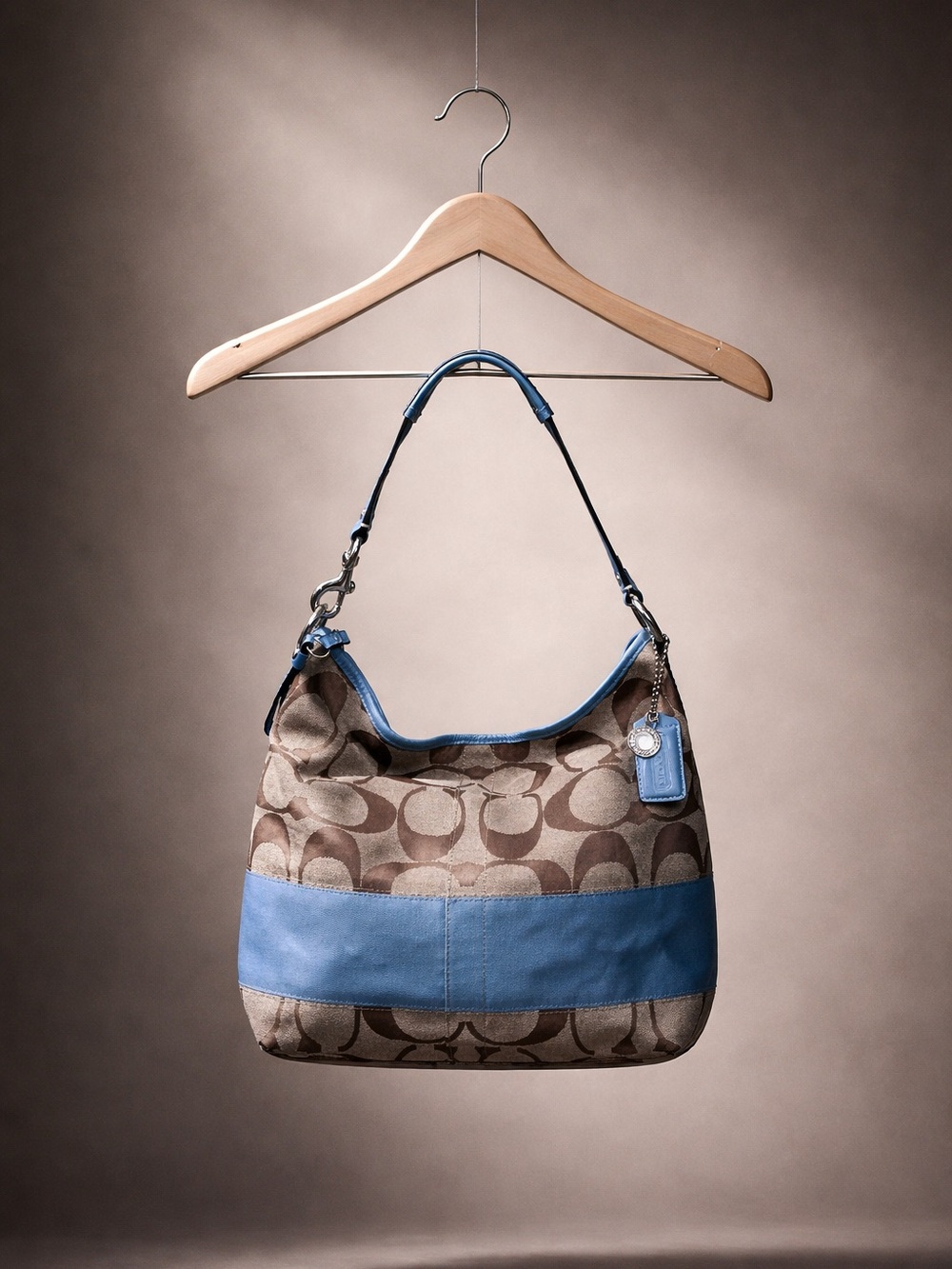 Coach Brown Hobo Monogram Shoulder Bag with Blue Stripe and Leather Trim